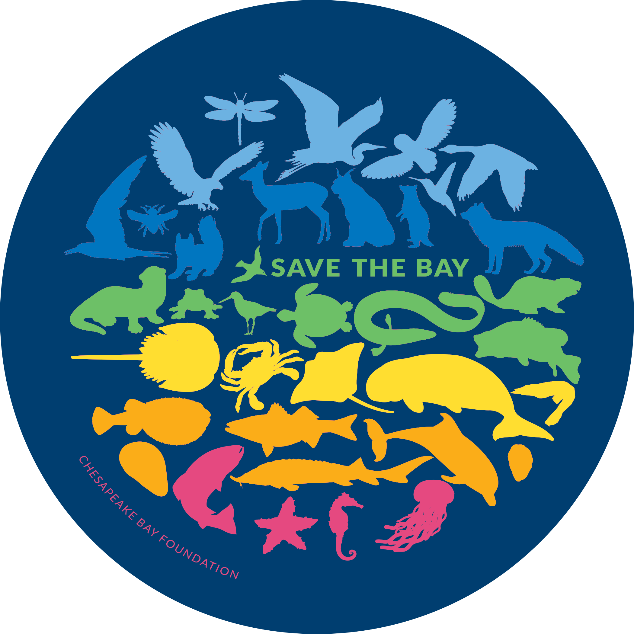 photo of a blue sticker with rainbow critter silhouettes