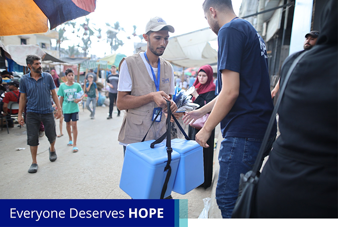 Children receive polio vaccinations at Project HOPE's health clinic in Deir al Balah, Gaza.